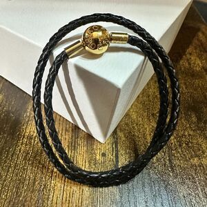 Authentic Pandora Black Leather Double Wrap Bracelet, Gold Plated Clasp, SZ 23CM